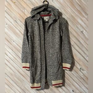 Roots Cabin Knit Long Hooded Shrug Sweater Red Cuff Accents Pockets Thick Cozy